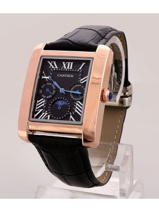 NEW CARTIER ROSE GOLD CASING BLACK DIAL CROC LEATHER WATCH | BLACK