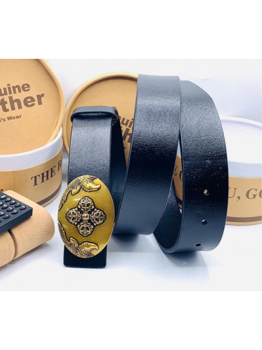 New High Quality Leather Belt With A Gold Decorative Emblem | Black