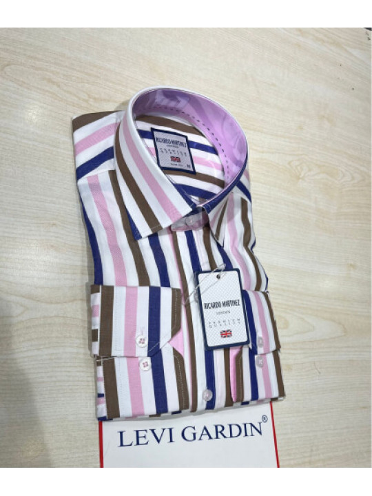 Ricardo Martinez LS Shirt With Blue, Pink & Brown Stripes | White 