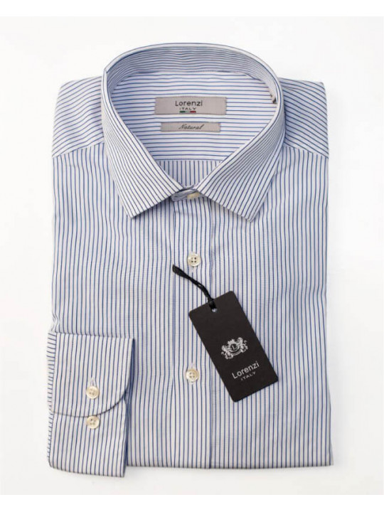 Lorenzi Italy Minimal Stripes White Blue LS Shirt