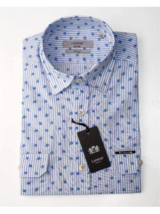 Lorenzi Italy Striped  LS Shirt With Tree Design | Blue