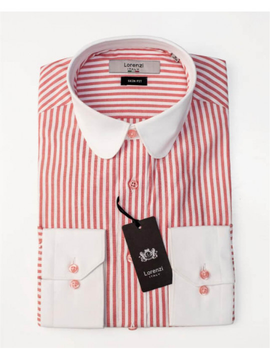 Lorenzi Italy White Red Striped LS Shirt