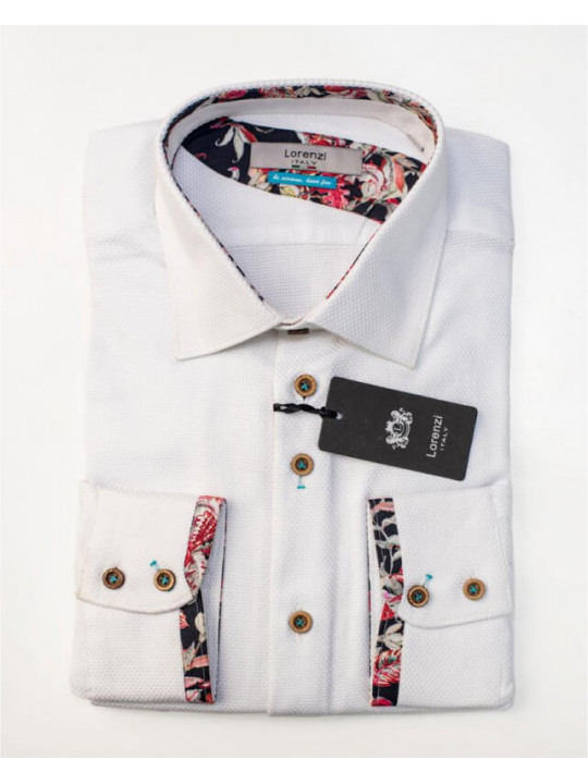 Lorenzu White LS Shirt With Black Floral Sleeve Design