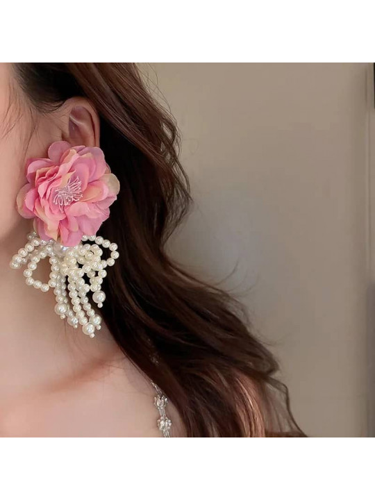  Bohemian White Pink Big Cloth Flower Earrings Statement Jewelry