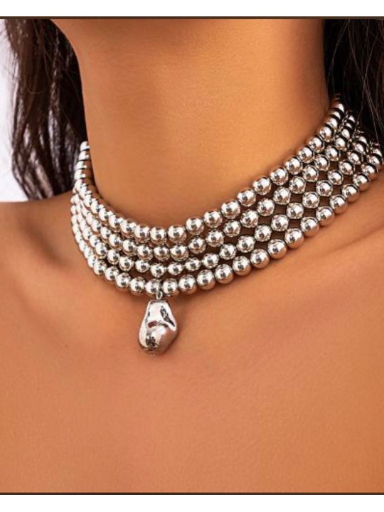 Multi-layered Rice Pearl Shaped Pendant Necklace With Geometric Round Design