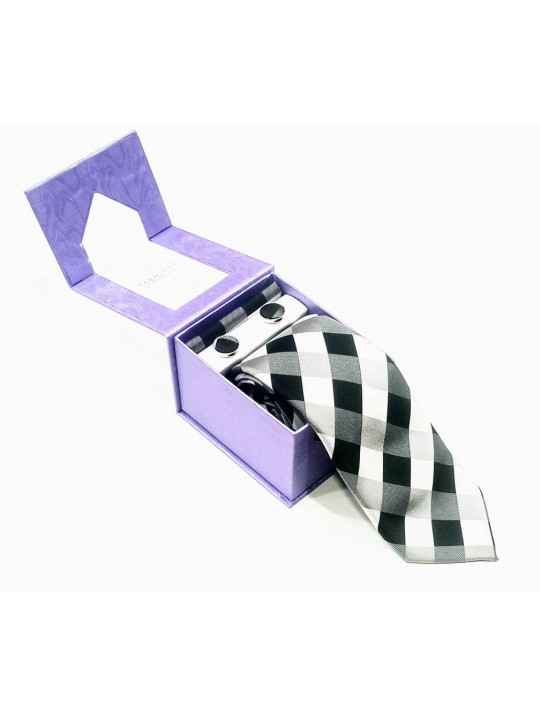  New Check Patterned Tie with Matching Cufflinks | Black & White