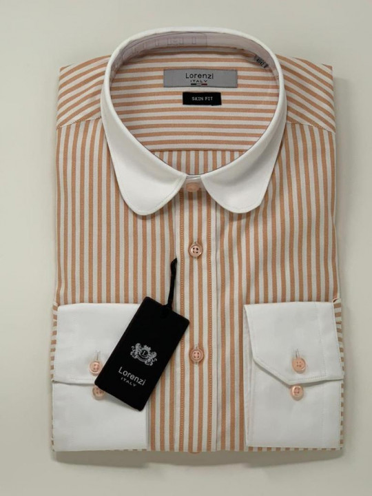 Lorenzi Italy Club Collar Striped Orange LS Shirt