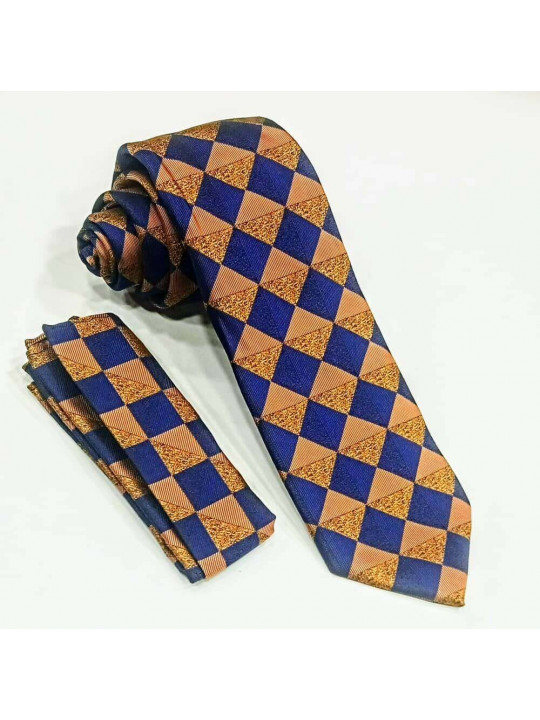  New Men Checked Tie with Matching Pocket Square | Blue & Gold