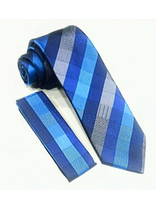  New Men Checked Tie with Matching Pocket Square | Blue & Grey