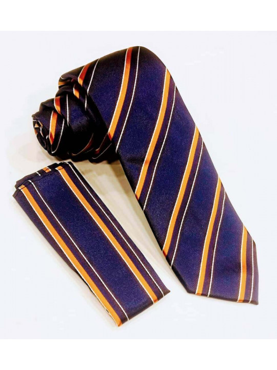  New Men Striped Tie with Matching Pocket Square | Blue & Orange