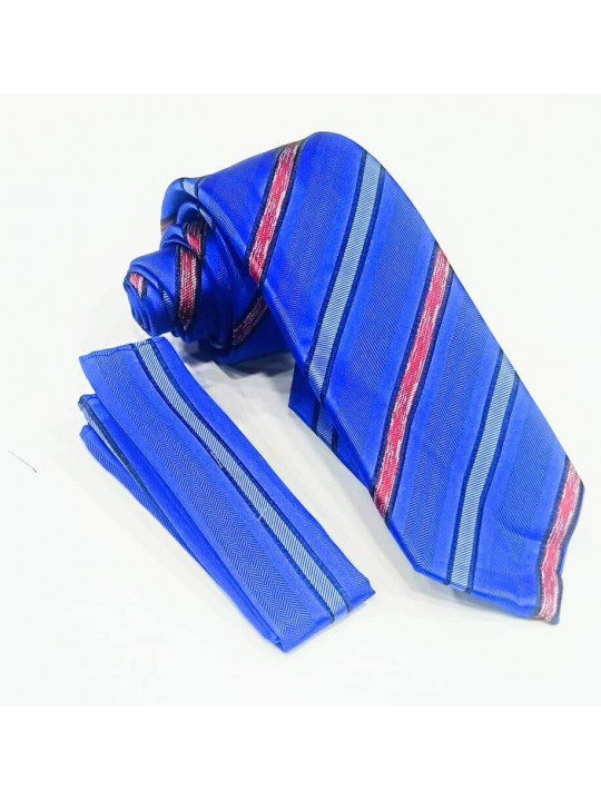  New Men Striped Tie with Matching Pocket Square | Blue & Pink