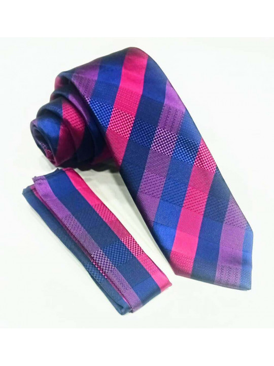  New Men Striped Tie with Matching Pocket Square | Blue & Purple