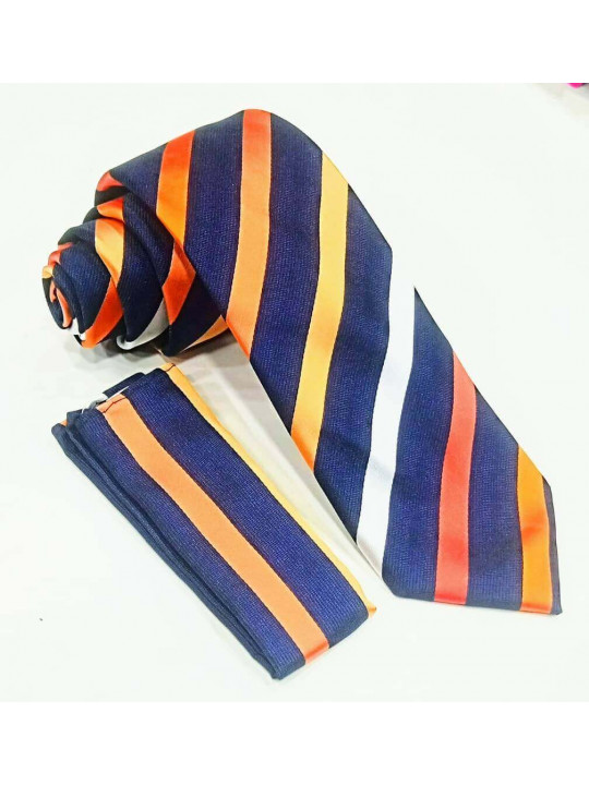  New Men Striped Tie with Matching Pocket Square | Blue, Yellow & White