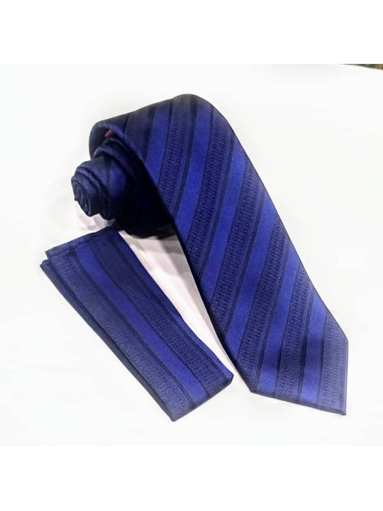  New Men Striped Tie with Matching Pocket Square | Dark Blue