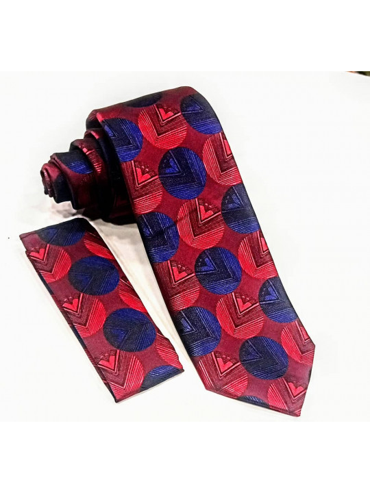  New Men Architecture Patterned Tie with Matching Pocket Square | Red