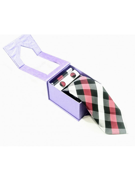  New Checked Tie with Matching Cufflinks | Black, White, Pink