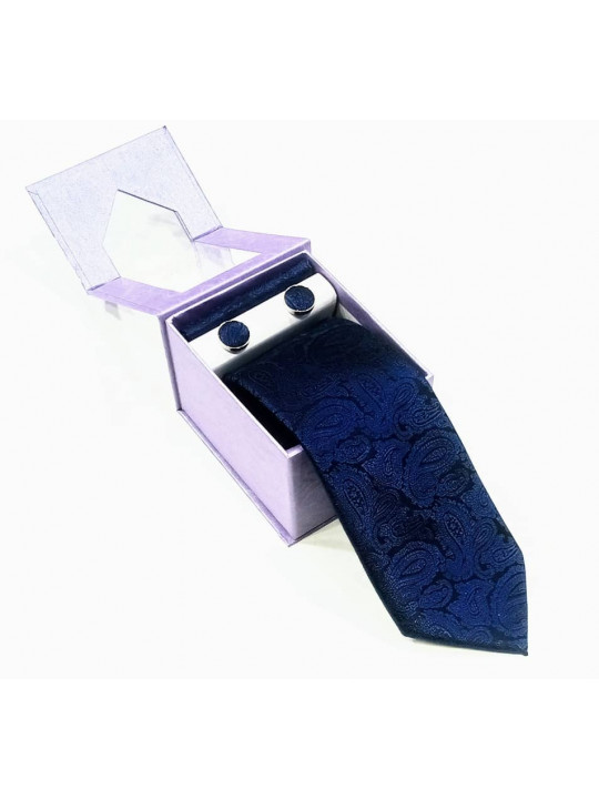  New Baroque Patterned Tie with Matching Cufflinks | Dark Blue