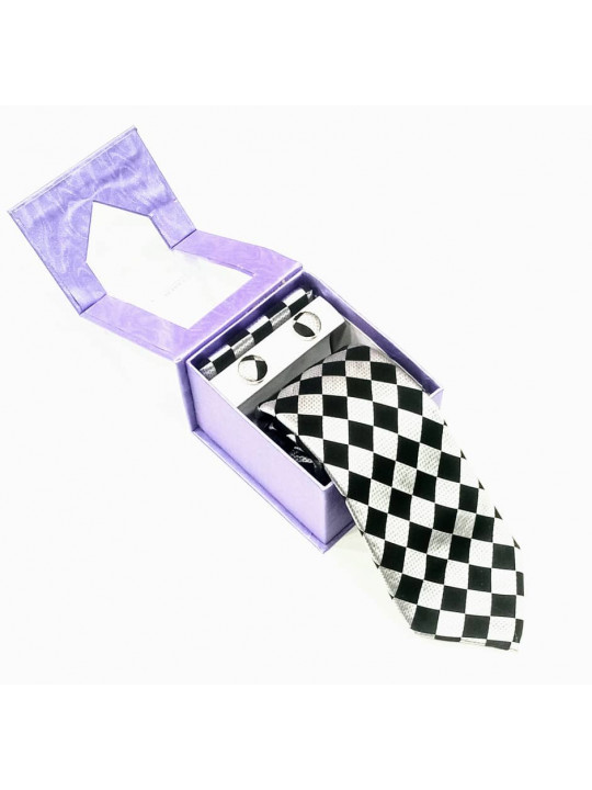  New Checked Tie with Matching Cufflinks | Black And Silver