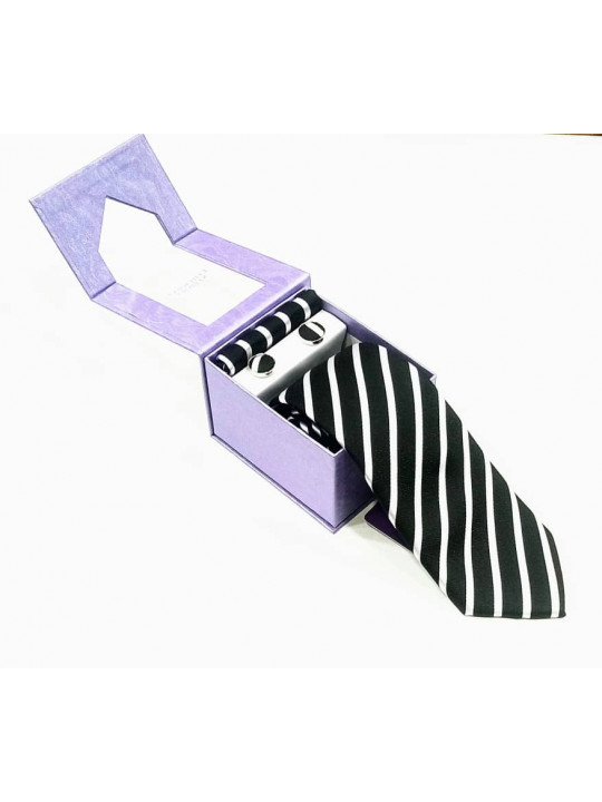  New Striped Tie with Matching Cufflinks | Black And White