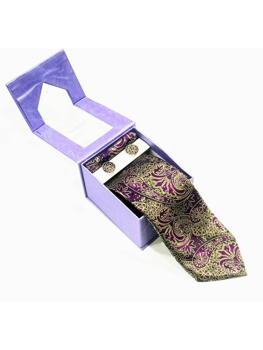  New Baroque Patterned Tie with Matching Cufflinks | Purple And Gold