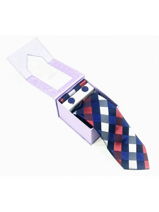  New Checked Tie with Matching Cufflinks | Blue And Wine