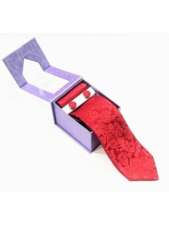  New Baroque Patterned Tie with Matching Cufflinks | Red