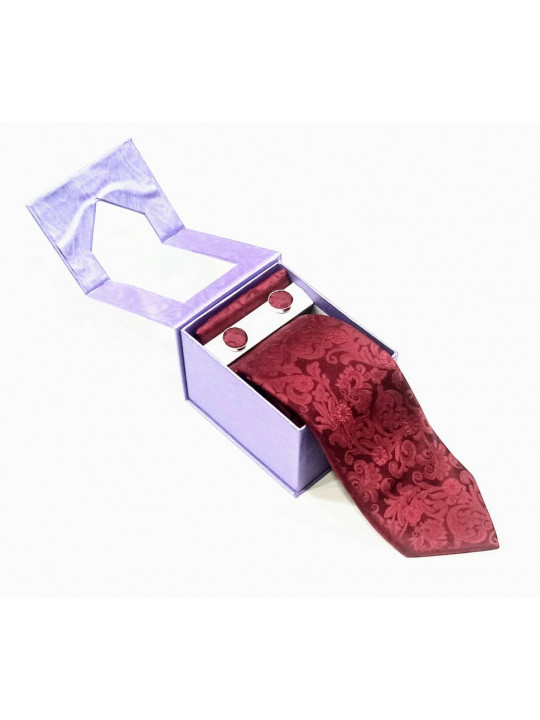  New Baroque Patterned Tie with Matching Cufflinks | Burgundy