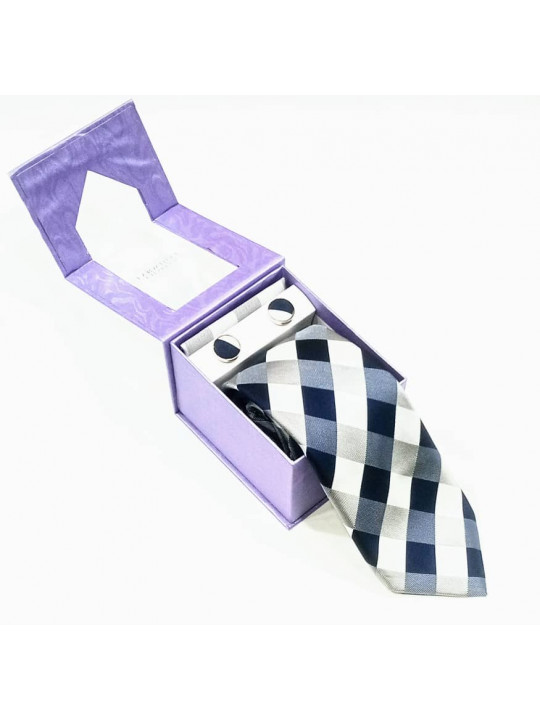  New Checked Tie with Matching Cufflinks | Dark Blue, Ash