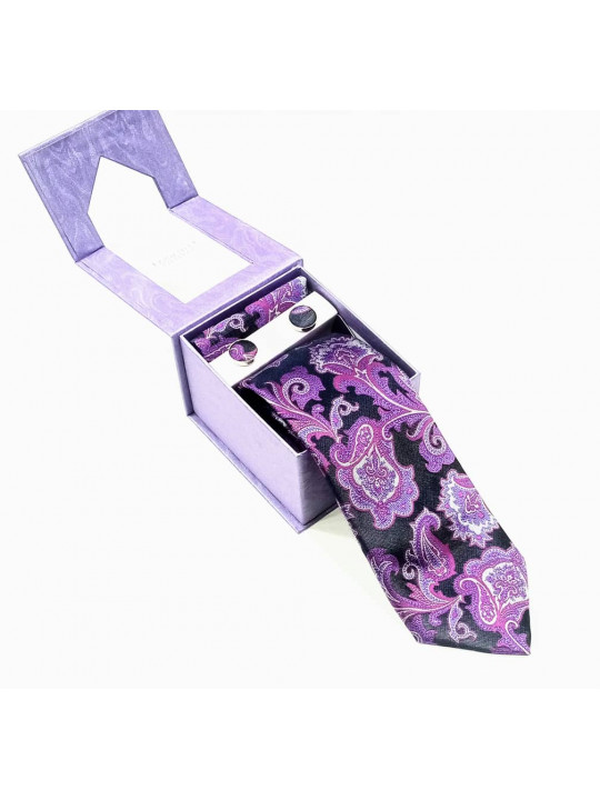  New Baroque Patterned Tie with Matching Cufflinks | Black And Purple