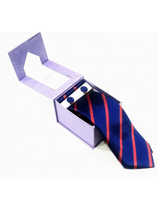  New Striped Tie with Matching Cufflinks | Dark Blue And Pink