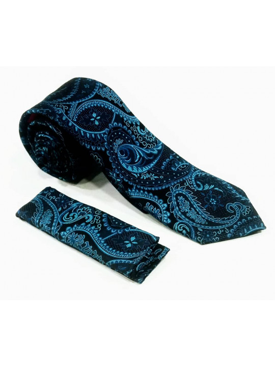  New Men Baroque Patterned Tie with Matching Pocket Square | Black And Royal Blue