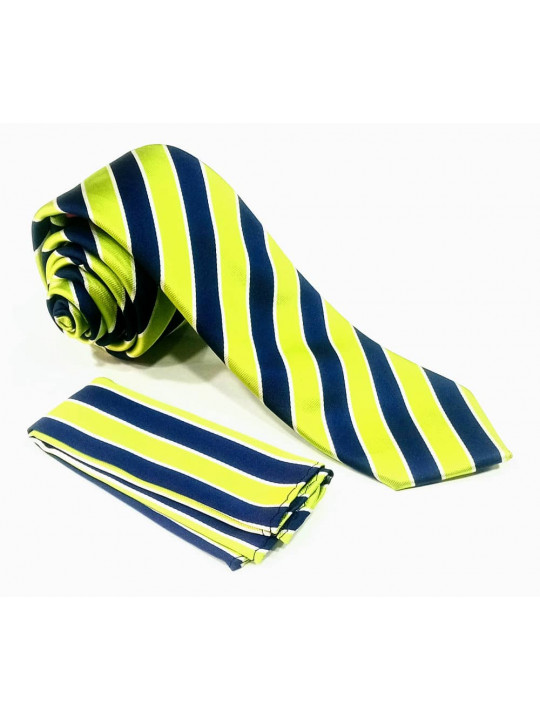  New Men Striped Tie with Matching Pocket Square | Yellow And Blue
