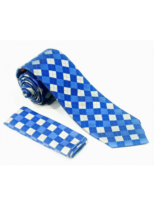  New Men Check Patterned Tie with Matching Pocket Square | Light Blue & White