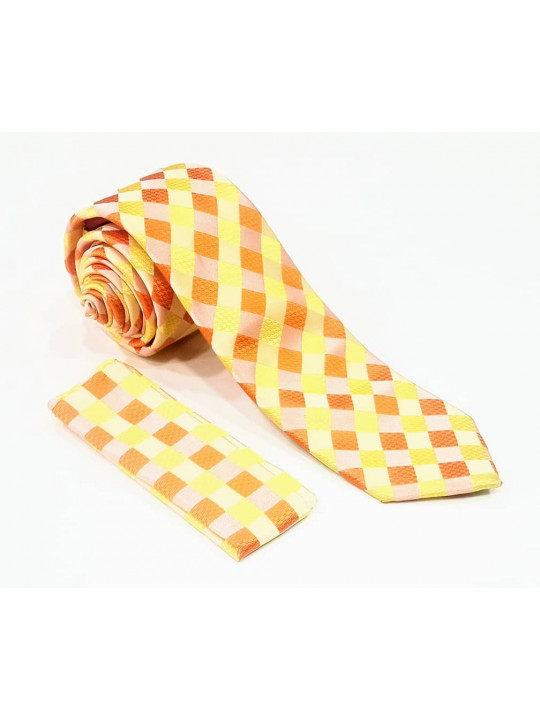  New Men Check Patterned Tie with Matching Pocket Square | Yellow