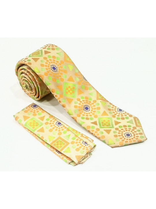  New Men Geometry Patterned Tie with Matching Pocket Square | Gold