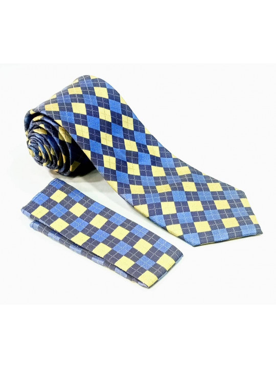 New Men Checked Tie with Matching Pocket Square | Blue And Yellow
