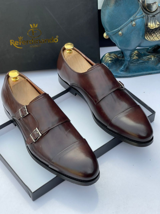 Men's Full Grain Leather Double Monk Strap Shoes - Bordeaux