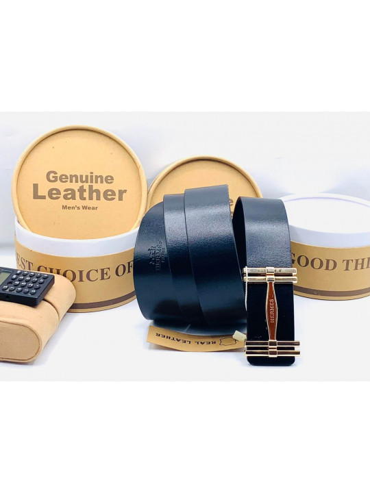 New Hermes Leather Black Belt With Gold And Red Head