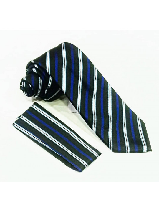  New Men Striped Tie with Matching Pocket Square | Black And Blue