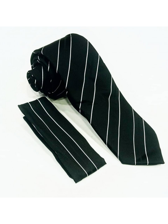  New Men Striped Tie with Matching Pocket Square | Black