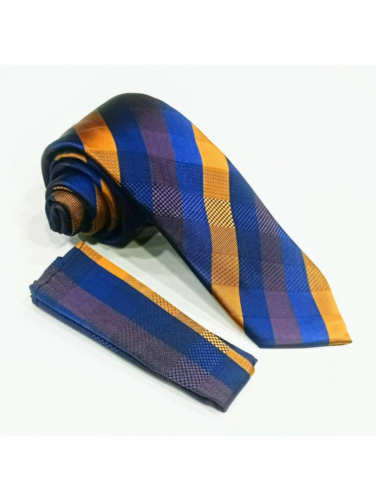  New Men Striped Tie with Matching Pocket Square | Blue And Gold
