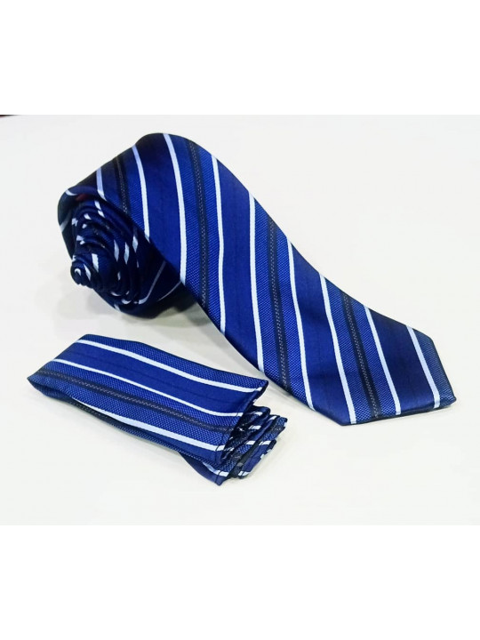  New Men Striped Tie with Matching Pocket Square | Blue