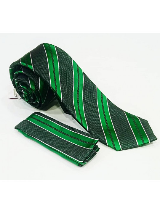  New Men Striped Tie with Matching Pocket Square | Dark Green