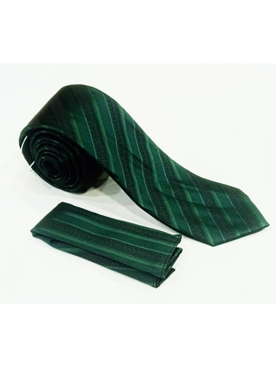  New Men Striped Tie with Matching Pocket Square | Green