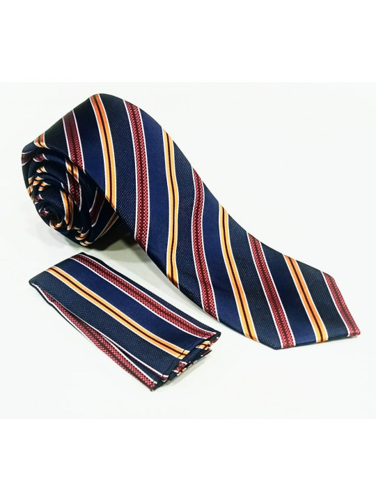  New Men Striped Tie with Matching Pocket Square | Navy Blue And Orange