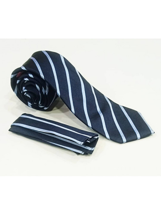  New Men Striped Tie with Matching Pocket Square | Navy Blue