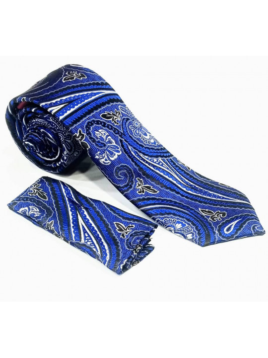  New Men Baroque Patterned Tie with Matching Pocket Square | Royal Blue