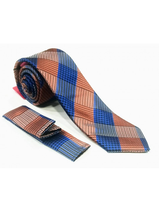  New Men Check Patterned Tie with Matching Pocket Square | Blue And Orange