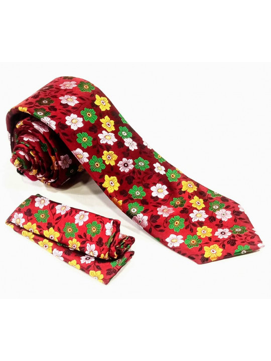  New Men Floral Tie with Matching Pocket Square | Red