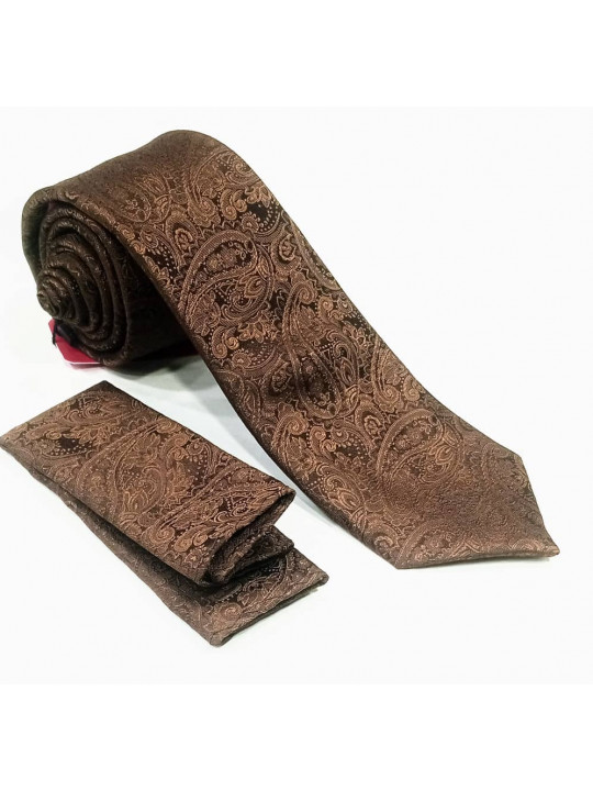  New Men Baroque Patterned Tie with Matching Pocket Square | Chocolate Brown